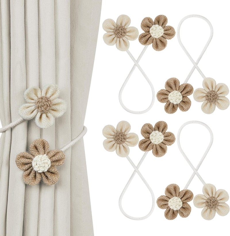 KLOGTSIND Flower Curtain Tiebacks, 4 Pack Boho Curtain Ties Elegant DIY Curtain Holdbacks, Decorative Window Drape Twist Tie Backs for Bedroom Decor, Nursery Decor, Farmhouse Decor - Image 1